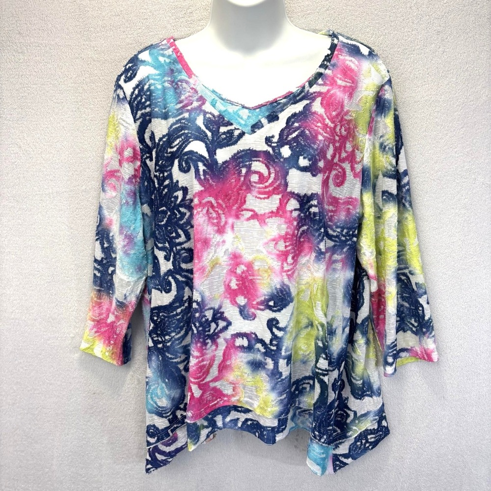 Alfred Dunner Sheer Textured‎ Knit Blouse Top Womens L Multicolor Floral V-Neck
